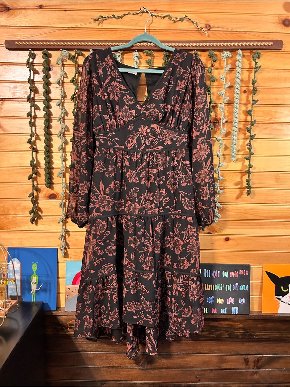 Black Flowy Tiered Dress with Rust Floral